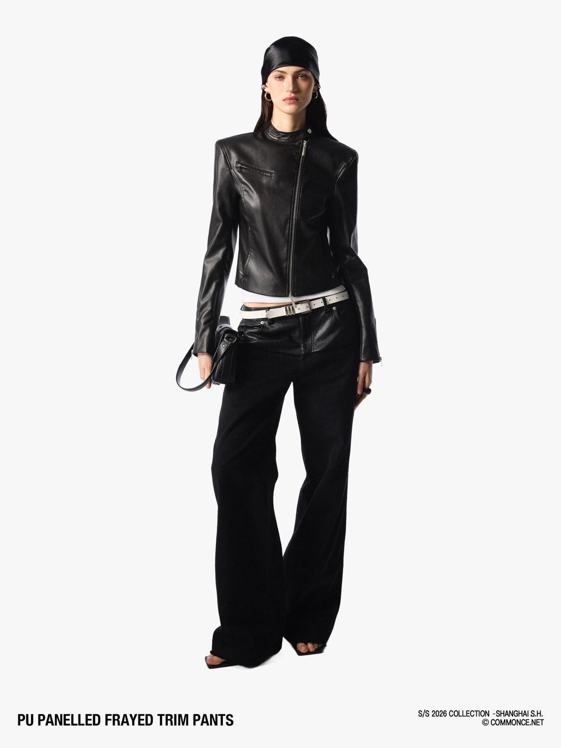 commonce net Black Pu Leather Spliced Frayed Edge Mid Rise Women&