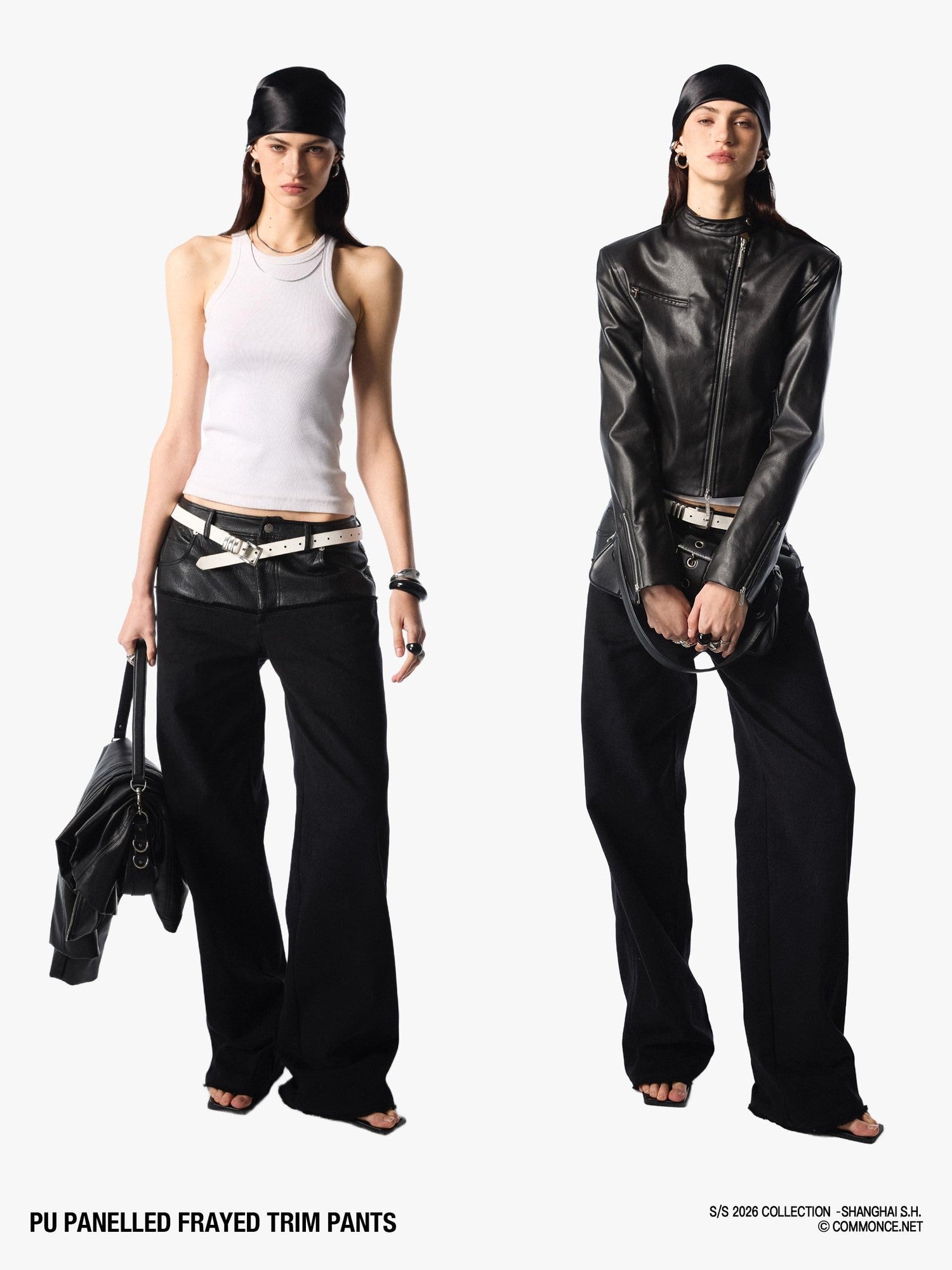 commonce net Black Pu Leather Spliced Frayed Edge Mid Rise Women&