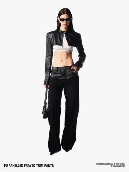 commonce net Black Pu Leather Spliced Frayed Edge Mid Rise Women&