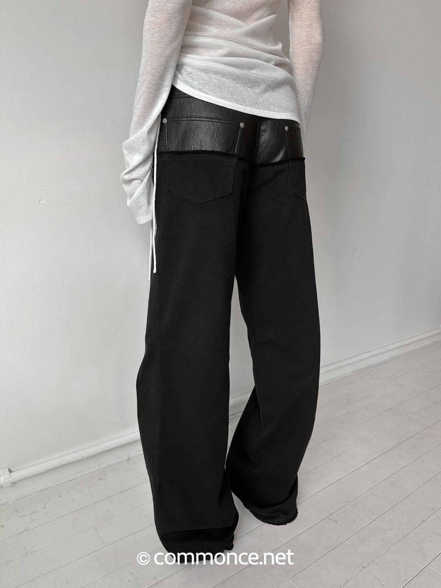 commonce net Black Pu Leather Spliced Frayed Edge Mid Rise Women&