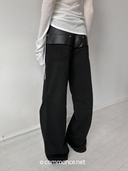 commonce net Black Pu Leather Spliced Frayed Edge Mid Rise Women&