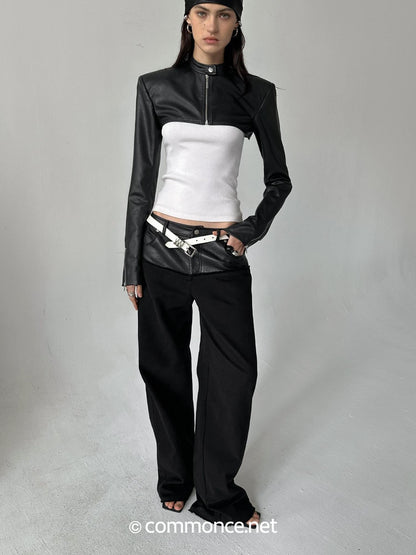 commonce net Black Pu Leather Spliced Frayed Edge Mid Rise Women&
