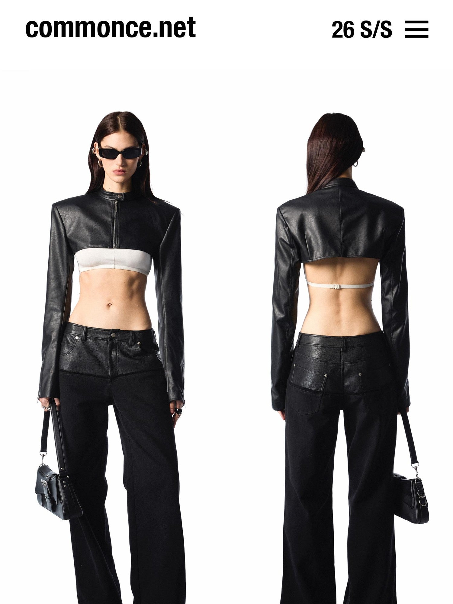 commonce net Black Pu Leather Spliced Frayed Edge Mid Rise Women&