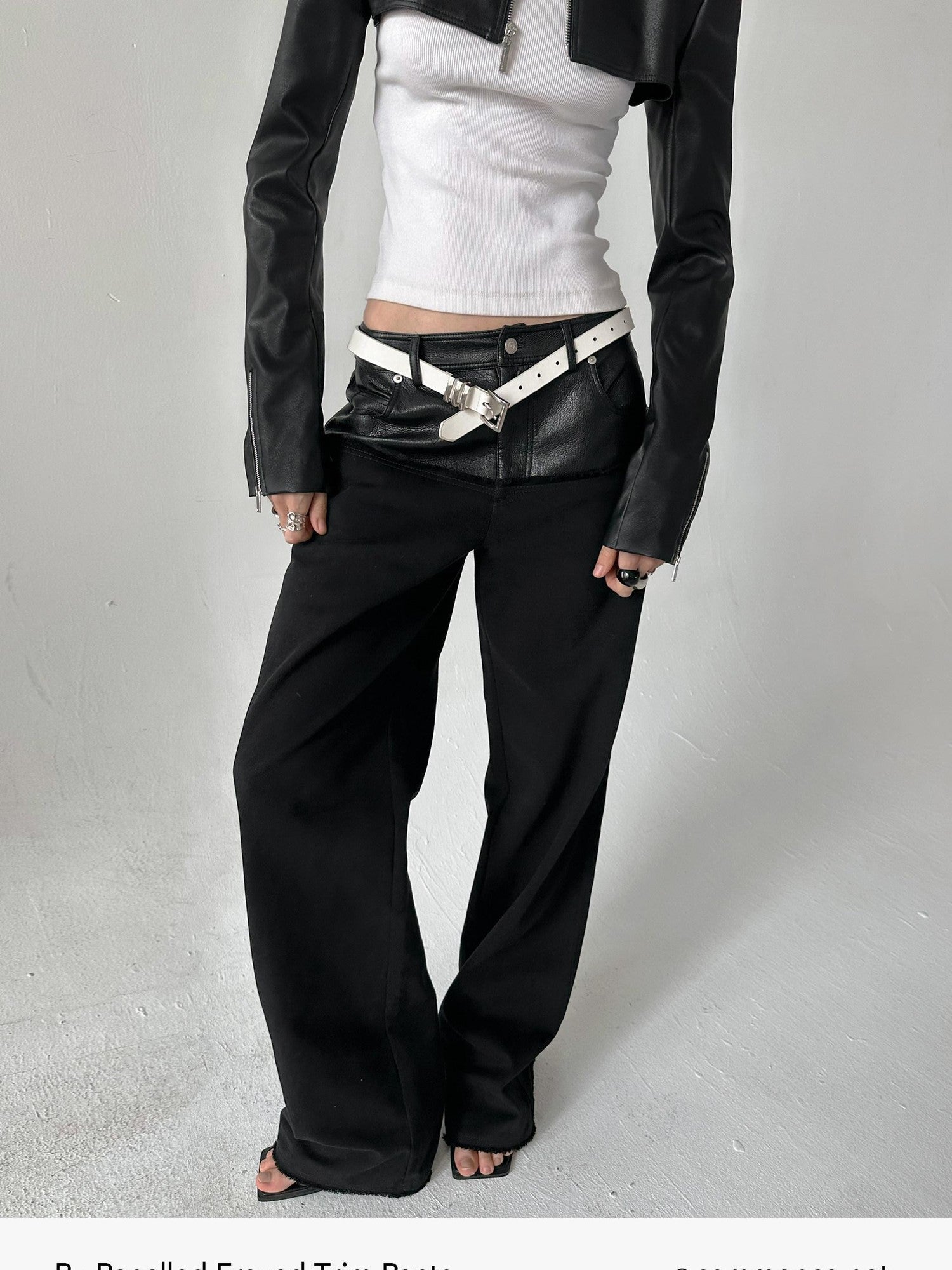 commonce net Black Pu Leather Spliced Frayed Edge Mid Rise Women&