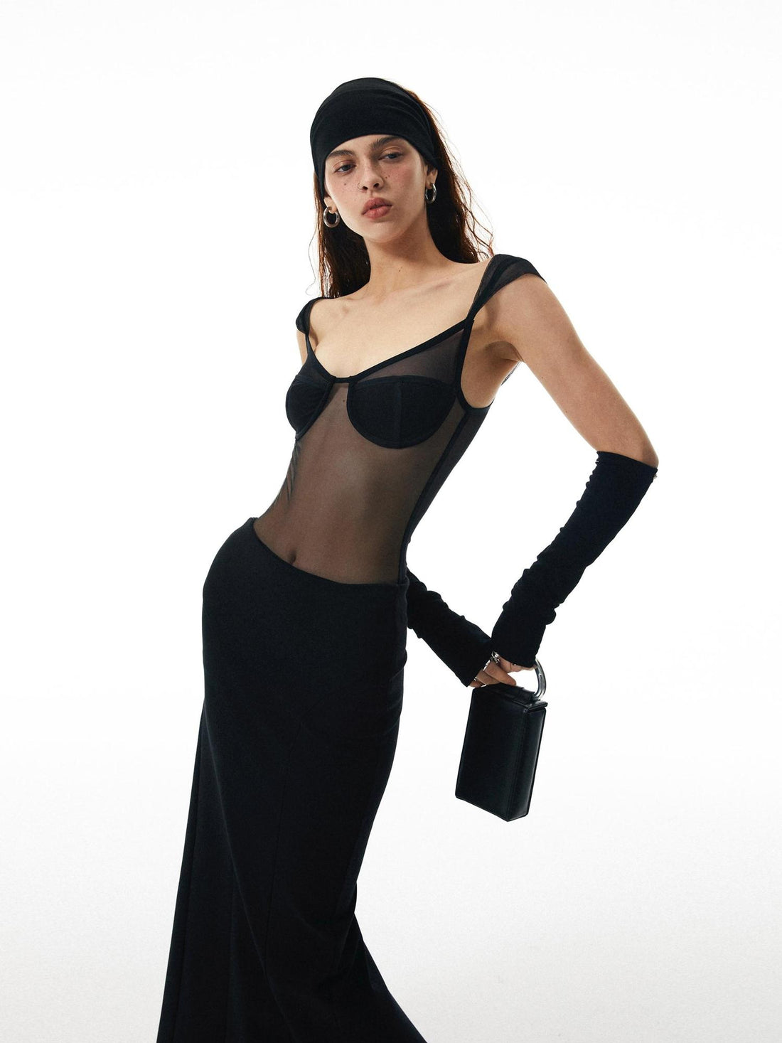 commonce net Black Sheer Mesh Paneled Bustier Bodysuit