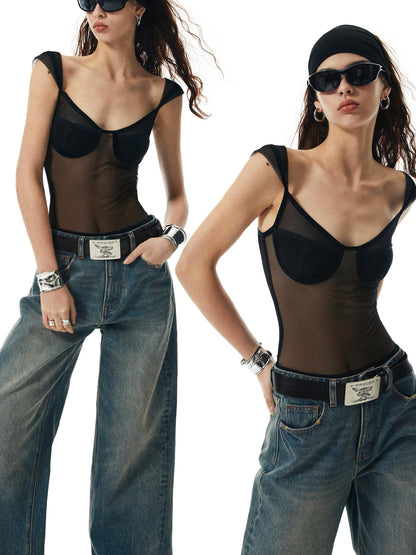 commonce net Black Sheer Mesh Paneled Bustier Bodysuit