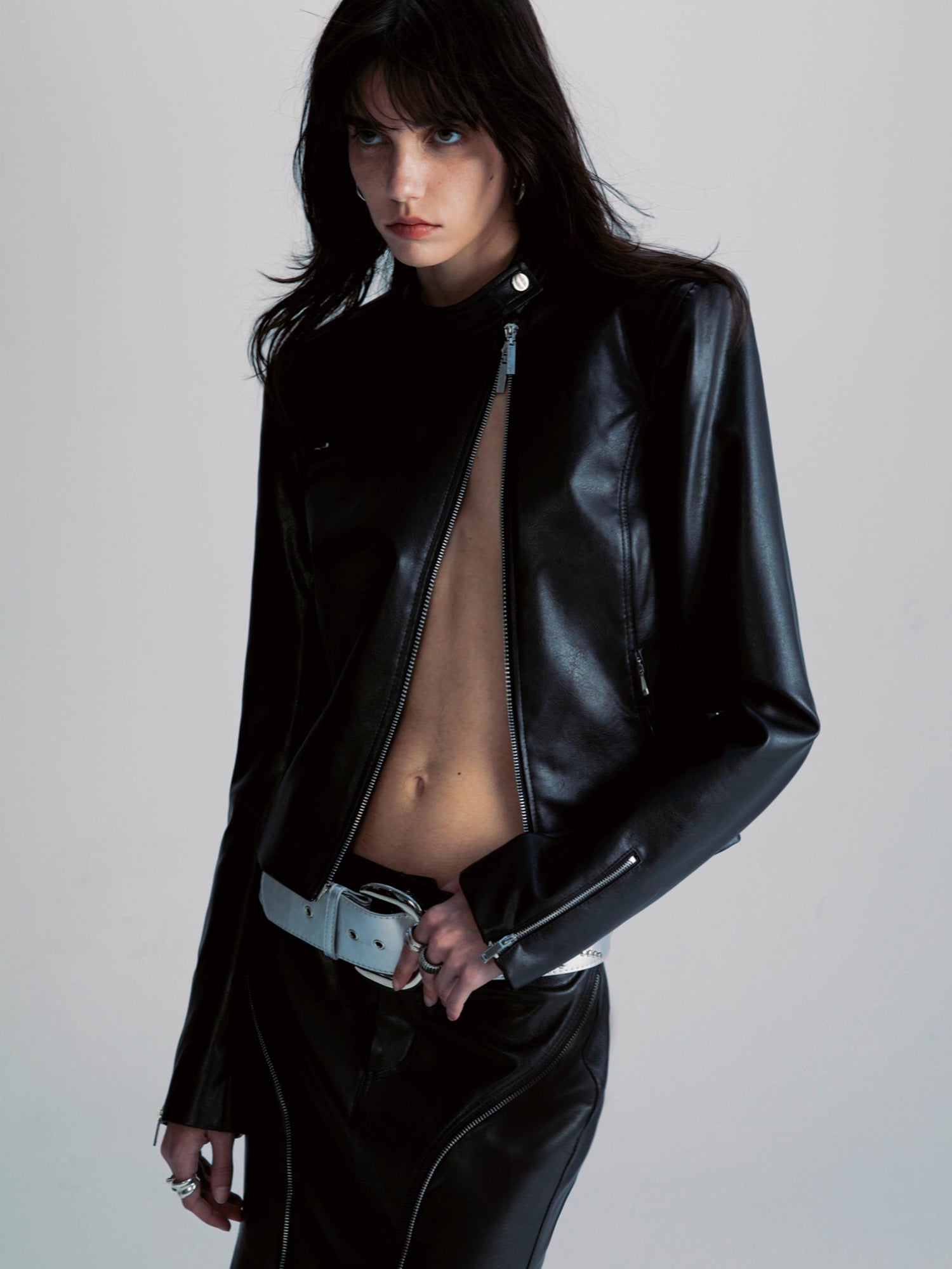 commonce net Black Two Way Diagonal Zip Pu Leather Biker Jacket