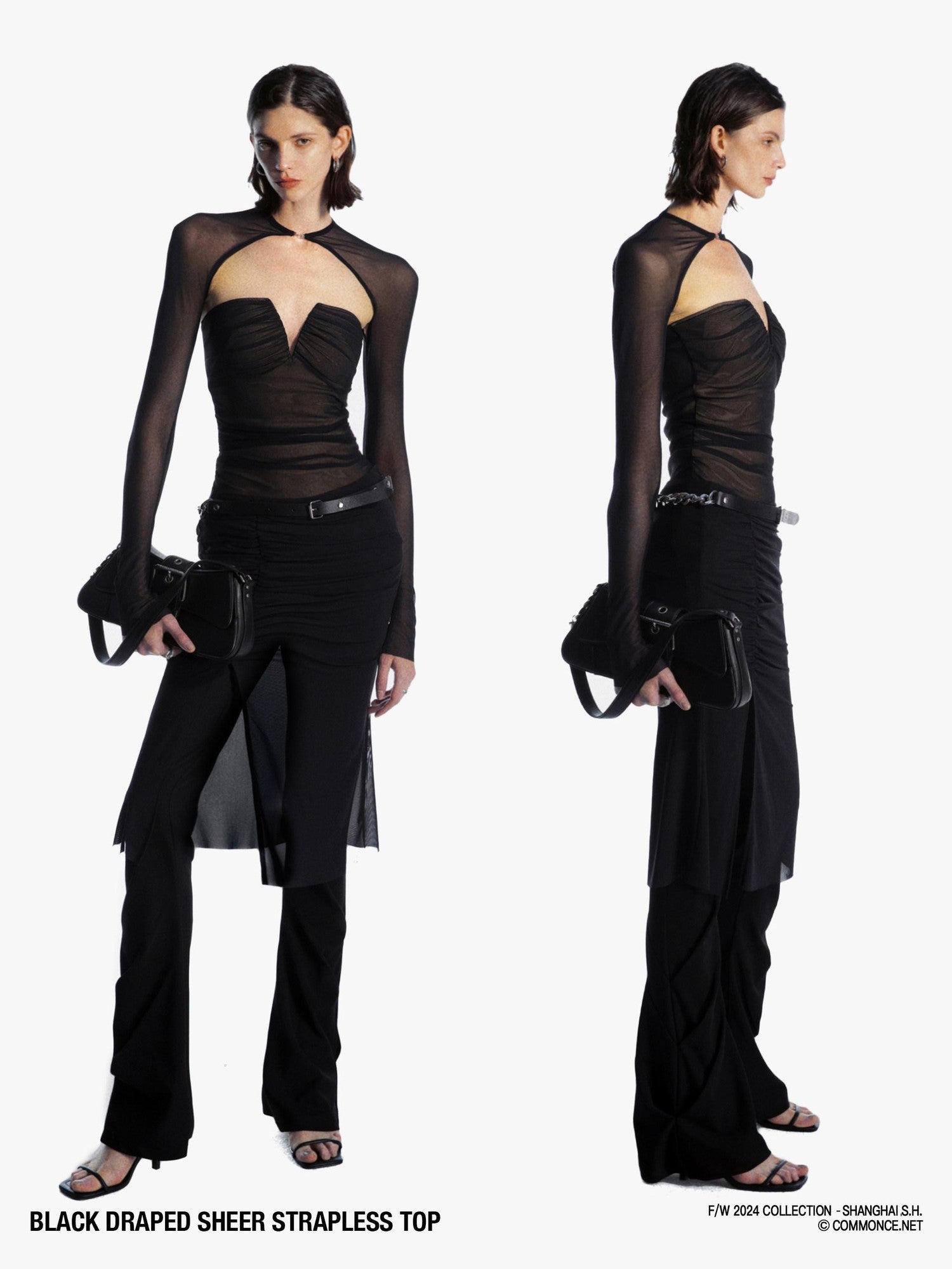 commonce net Black V-neck Mesh Ruched Women&