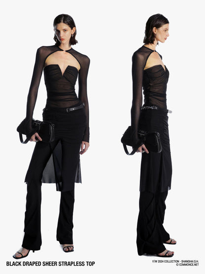 commonce net Black V-neck Mesh Ruched Women&