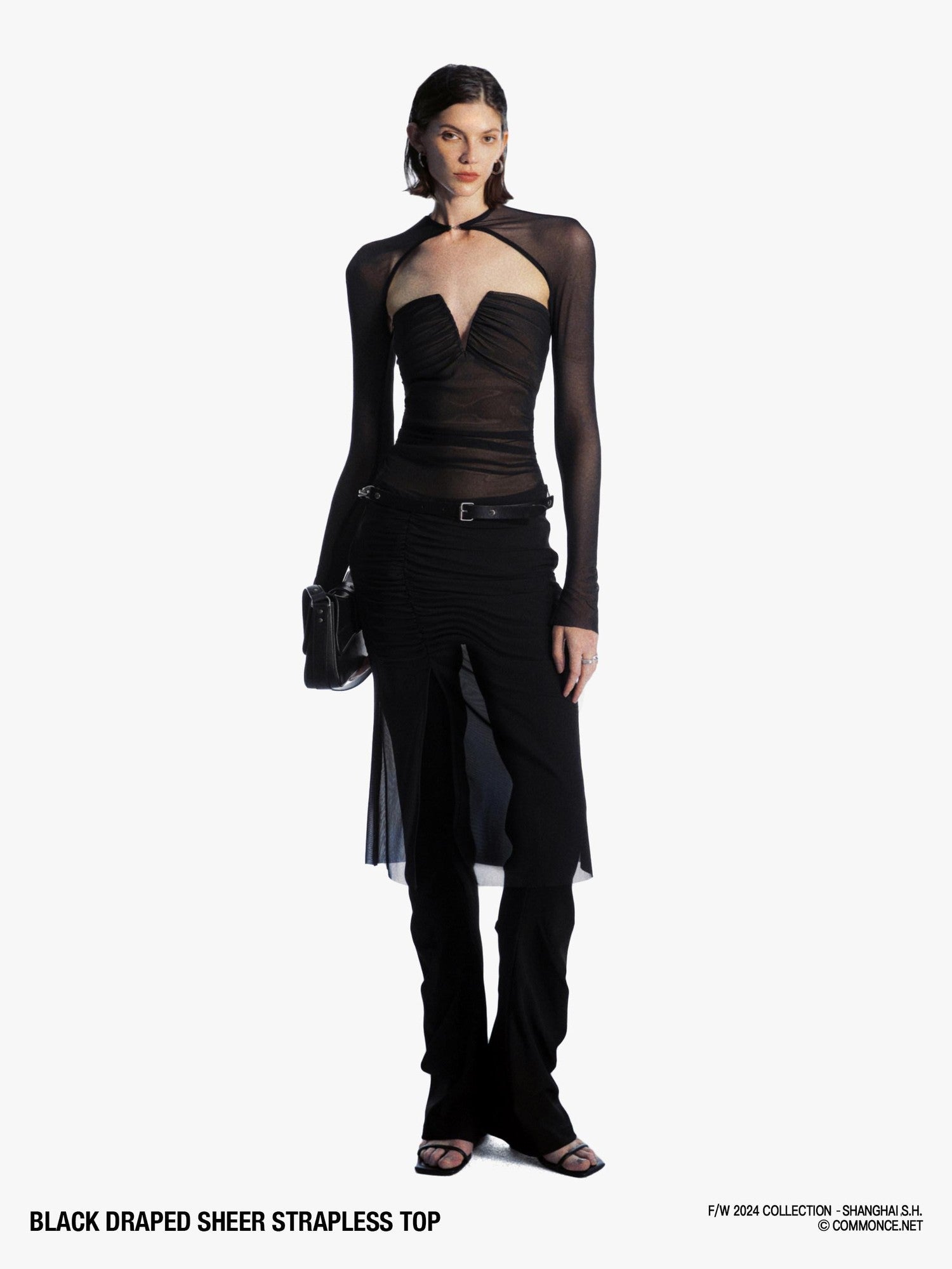 commonce net Black V-neck Mesh Ruched Women&