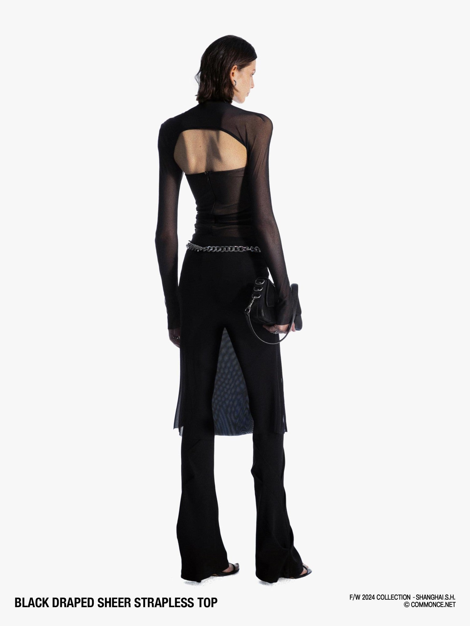 commonce net Black V-neck Mesh Ruched Women&