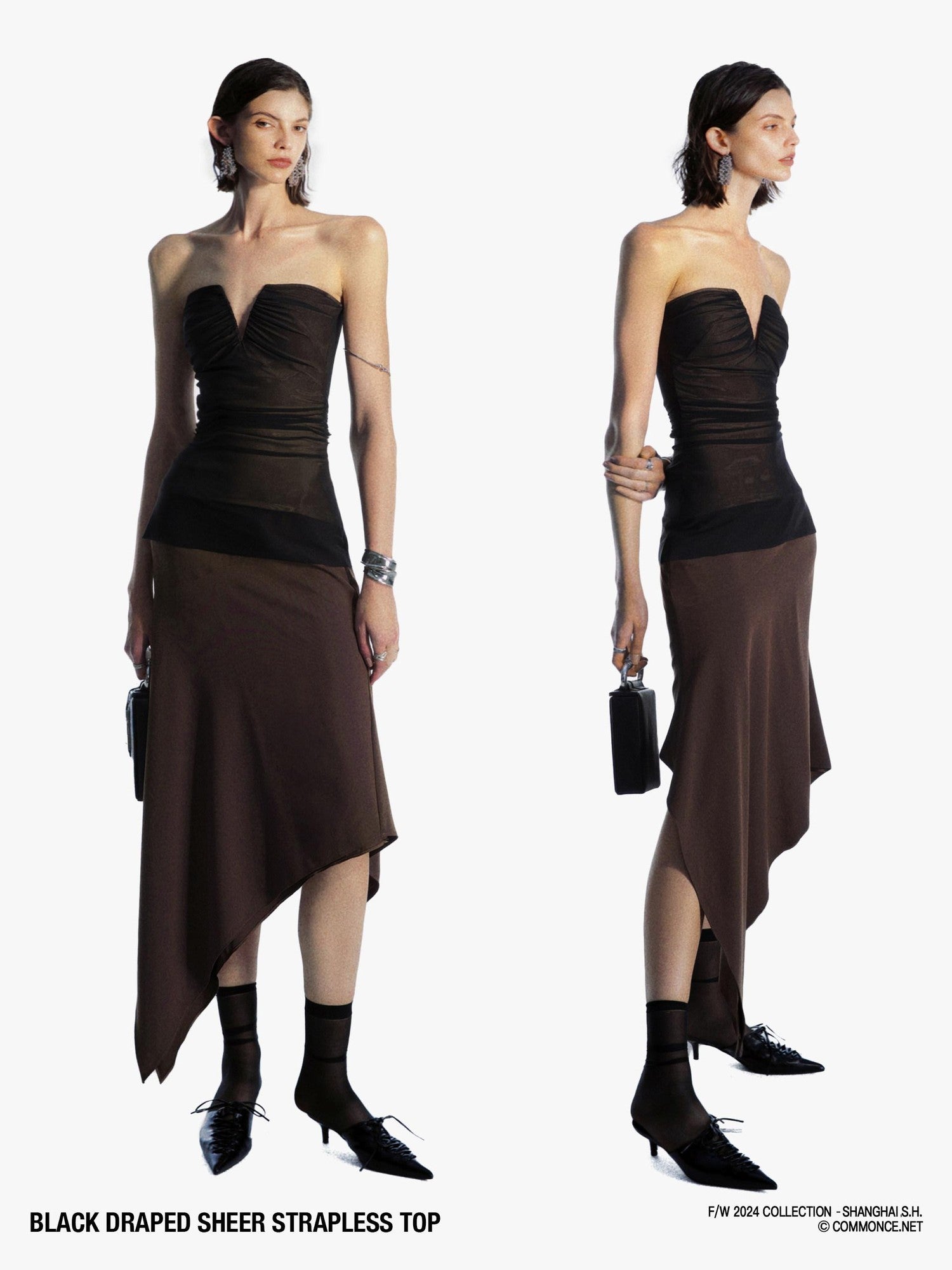 commonce net Black V-neck Mesh Ruched Women&