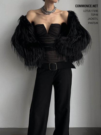 commonce net Black V-neck Mesh Ruched Women&