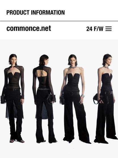 commonce net Black V-neck Mesh Ruched Women&