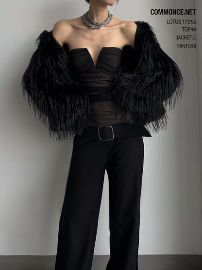 commonce net Black V-neck Mesh Ruched Women&