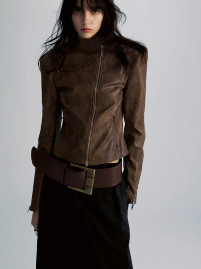 commonce net Brown Two Way Diagonal Zipper PU Leather Biker Jacket