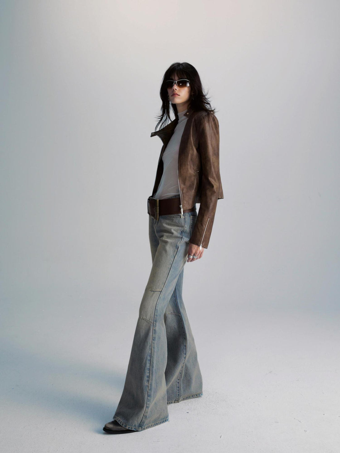 commonce net Brown Two Way Diagonal Zipper PU Leather Biker Jacket