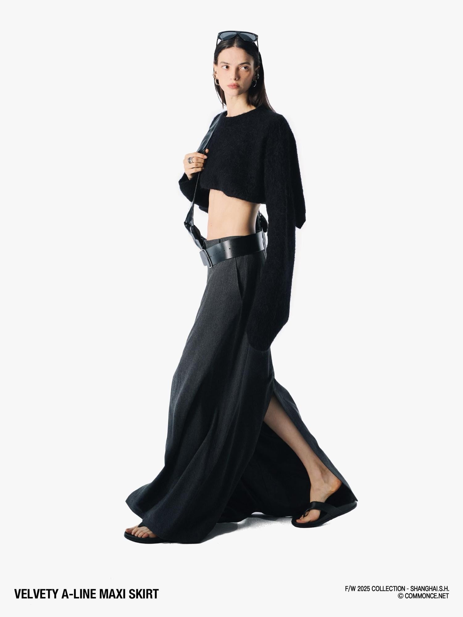 commonce net Brushed A Line Slit Adjustable Waist Women&