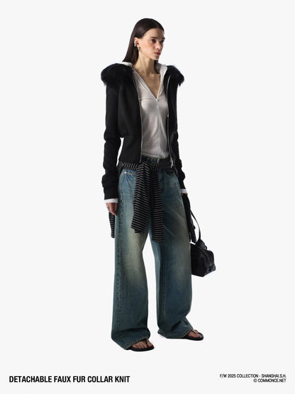 commonce_net_Coffee_Detachable_Fur_Collar_Diagonal_Zipper_Short_Women&