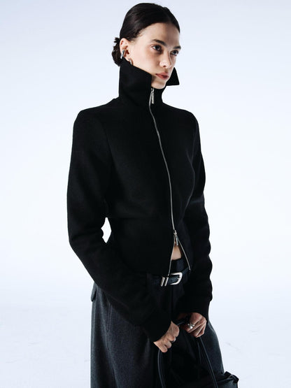 commonce net Coffee Detachable Fur Collar Diagonal Zipper Short Women&