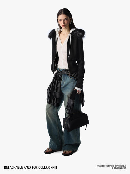 commonce net Coffee Detachable Fur Collar Diagonal Zipper Short Women&