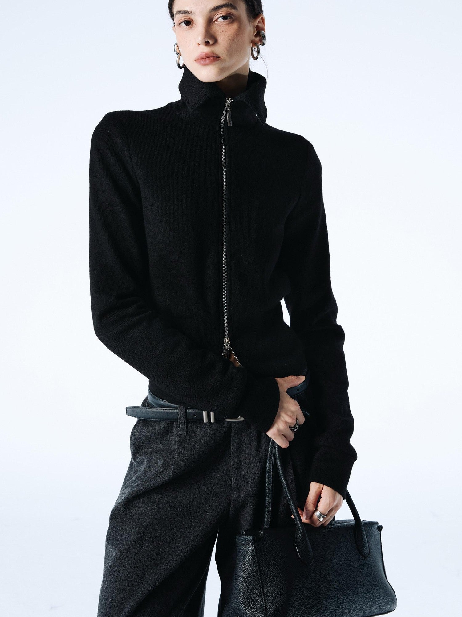 commonce net Coffee Detachable Fur Collar Diagonal Zipper Short Women&