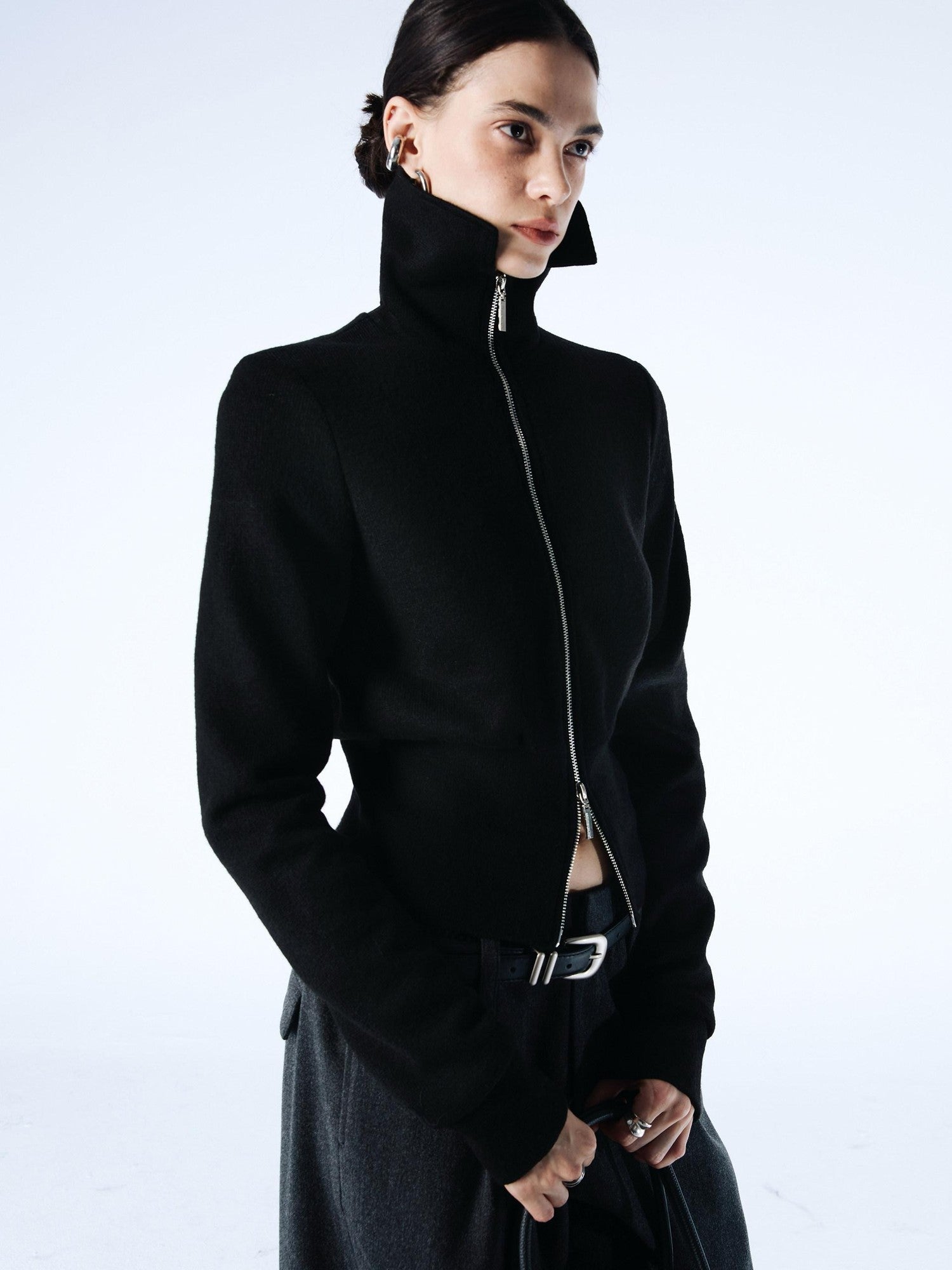 commonce net Coffee Detachable Fur Collar Diagonal Zipper Short Women&