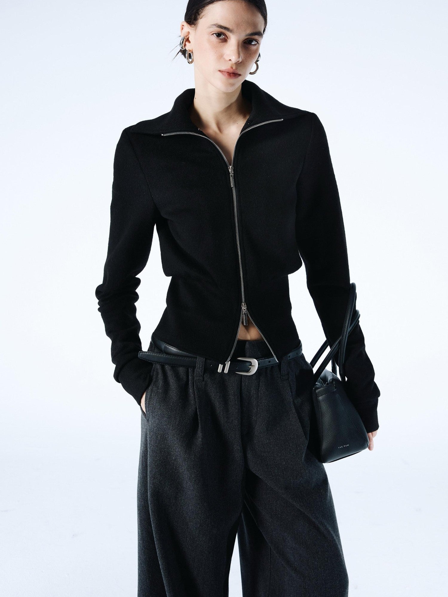 commonce net Coffee Detachable Fur Collar Diagonal Zipper Short Women&