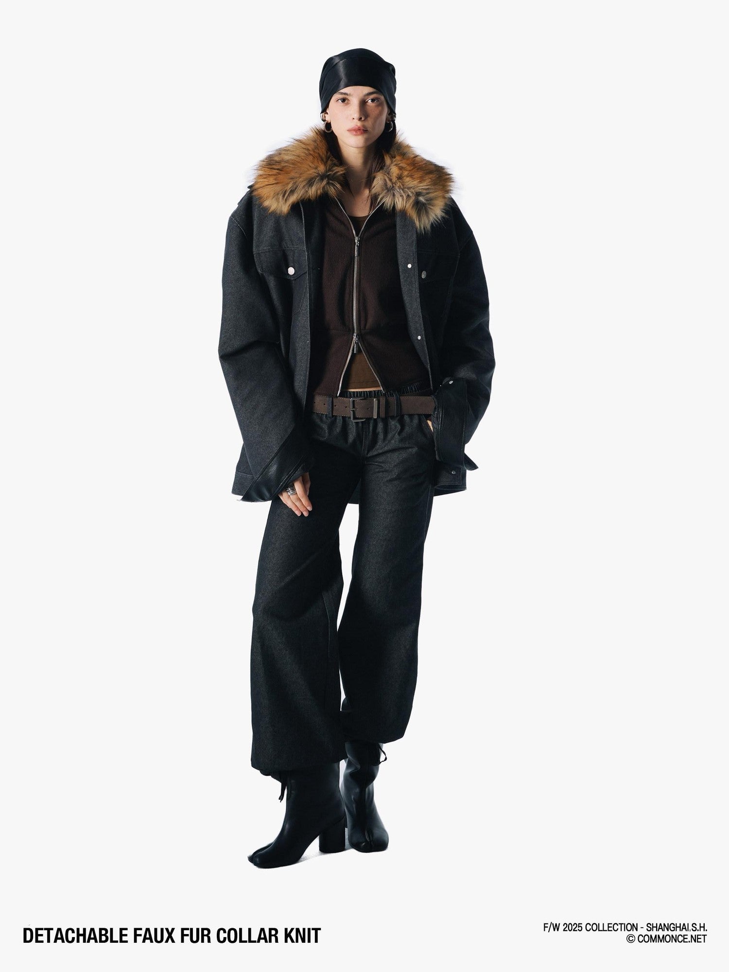 commonce net Coffee Detachable Fur Collar Diagonal Zipper Short Women&