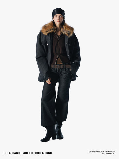 commonce net Coffee Detachable Fur Collar Diagonal Zipper Short Women&