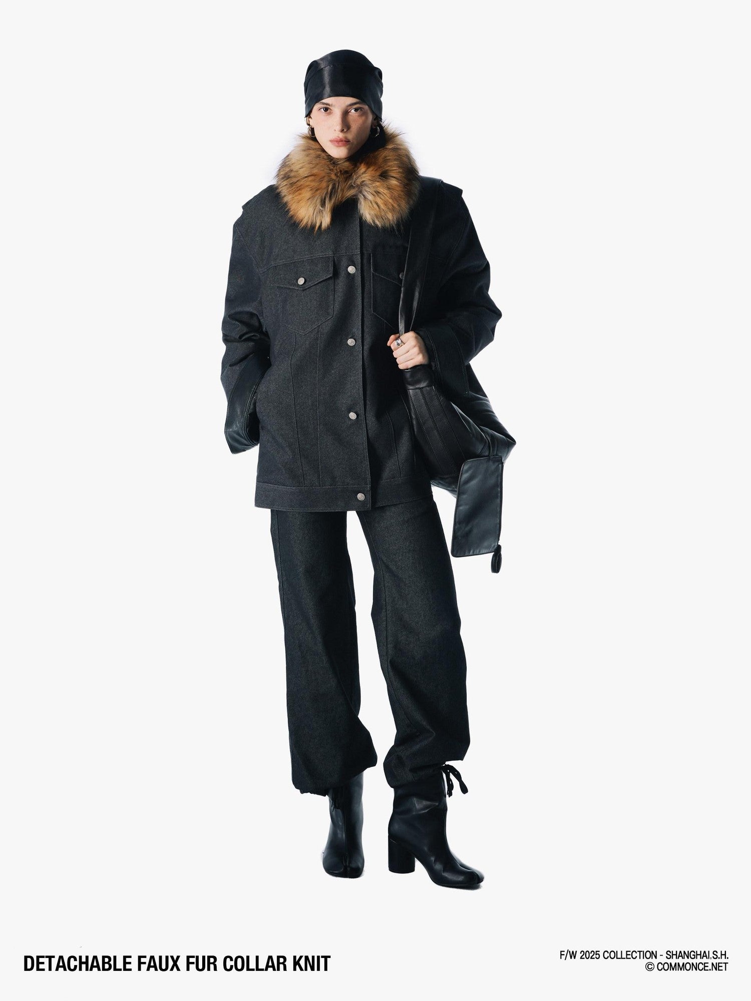 commonce net Coffee Detachable Fur Collar Diagonal Zipper Short Women&