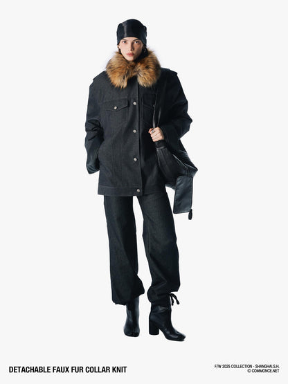 commonce net Coffee Detachable Fur Collar Diagonal Zipper Short Women&