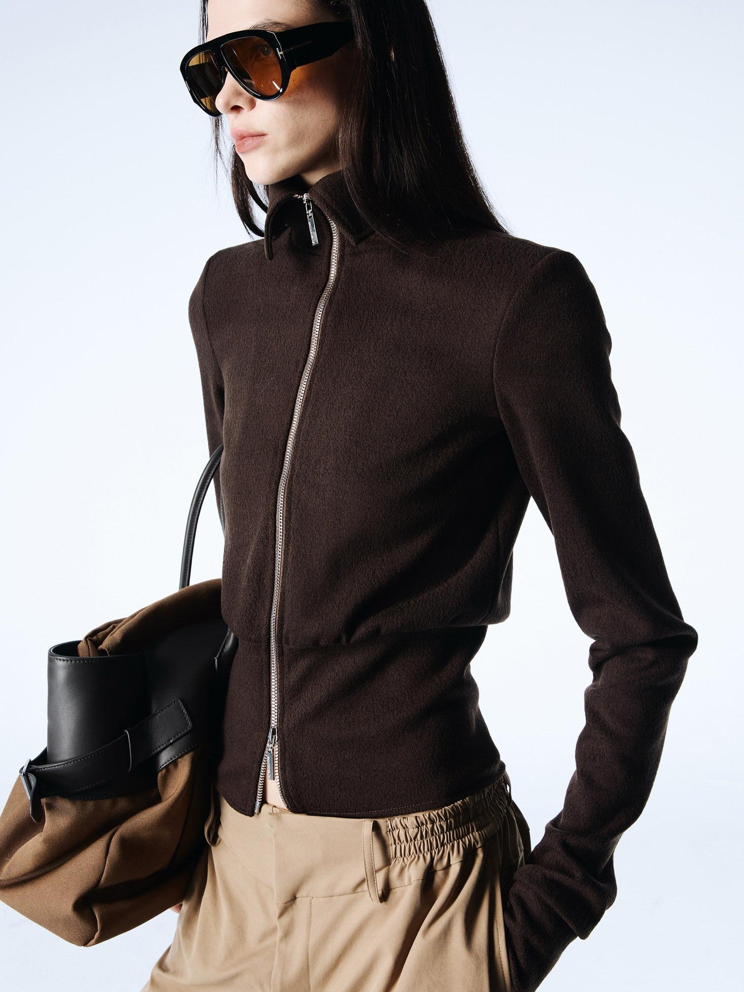commonce net Coffee Detachable Fur Collar Diagonal Zipper Short Women&