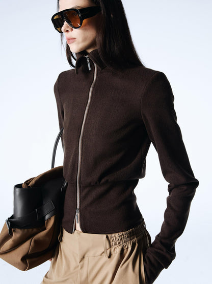 commonce net Coffee Detachable Fur Collar Diagonal Zipper Short Women&