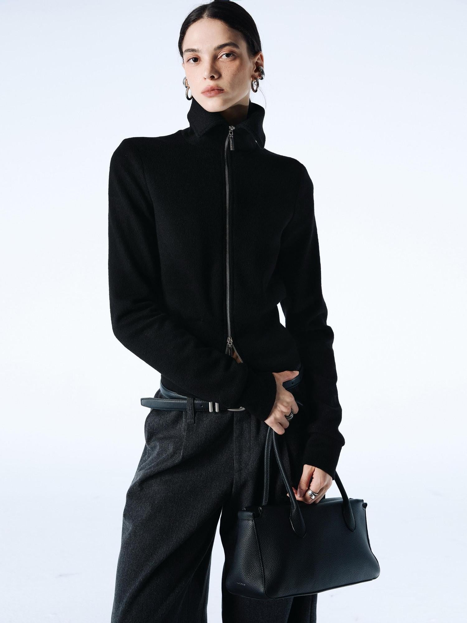 commonce net Coffee Detachable Fur Collar Diagonal Zipper Short Women&
