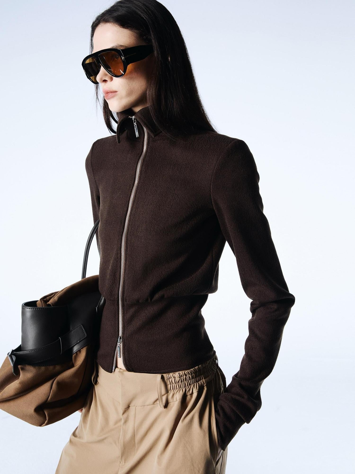 commonce net Coffee Detachable Fur Collar Diagonal Zipper Short Women&