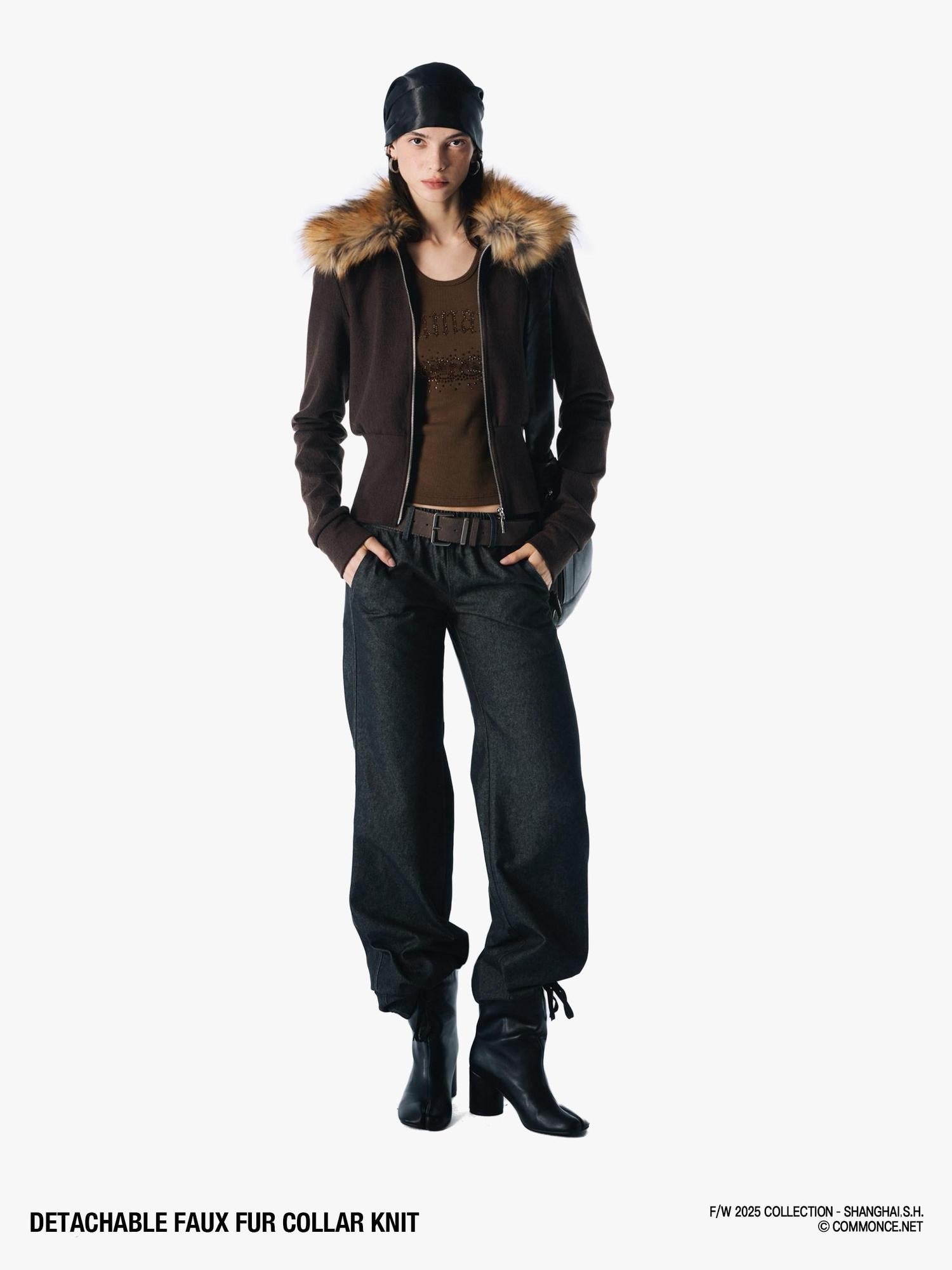 commonce net Coffee Detachable Fur Collar Diagonal Zipper Short Women&