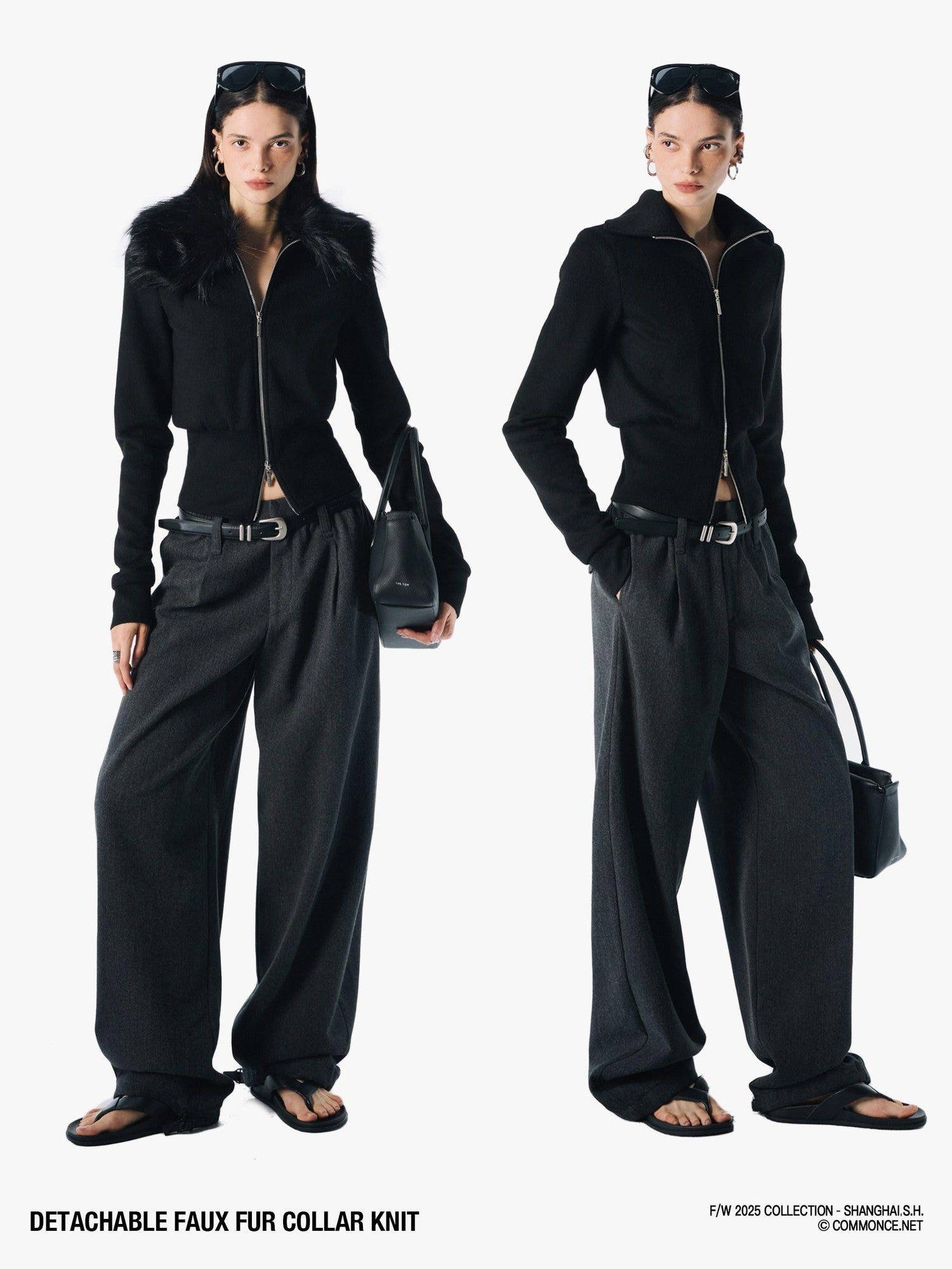 commonce net Coffee Detachable Fur Collar Diagonal Zipper Short Women&