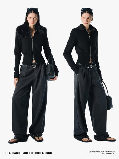 commonce net Coffee Detachable Fur Collar Diagonal Zipper Short Women&