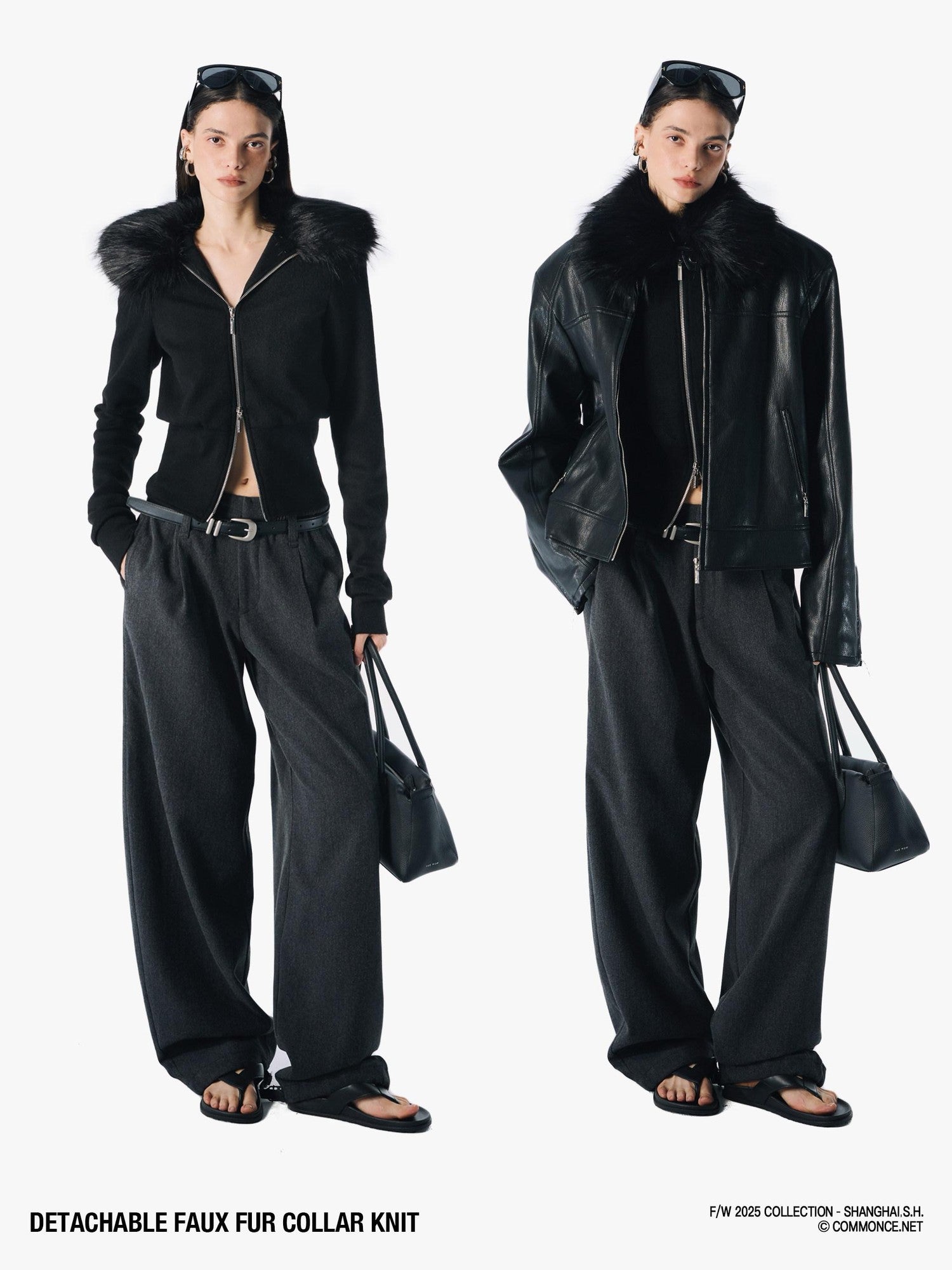 commonce net Coffee Detachable Fur Collar Diagonal Zipper Short Women&