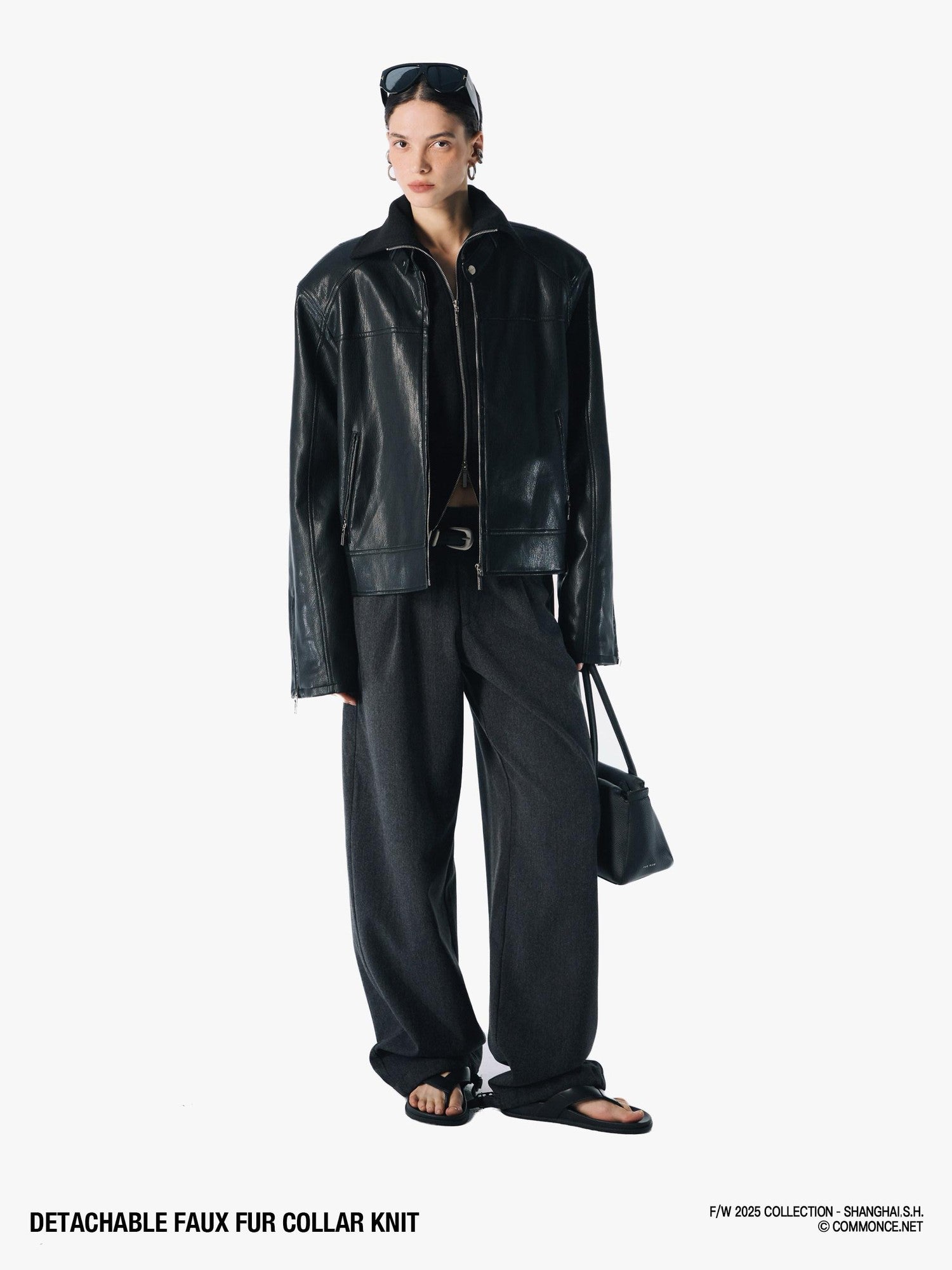 commonce net Coffee Detachable Fur Collar Diagonal Zipper Short Women&