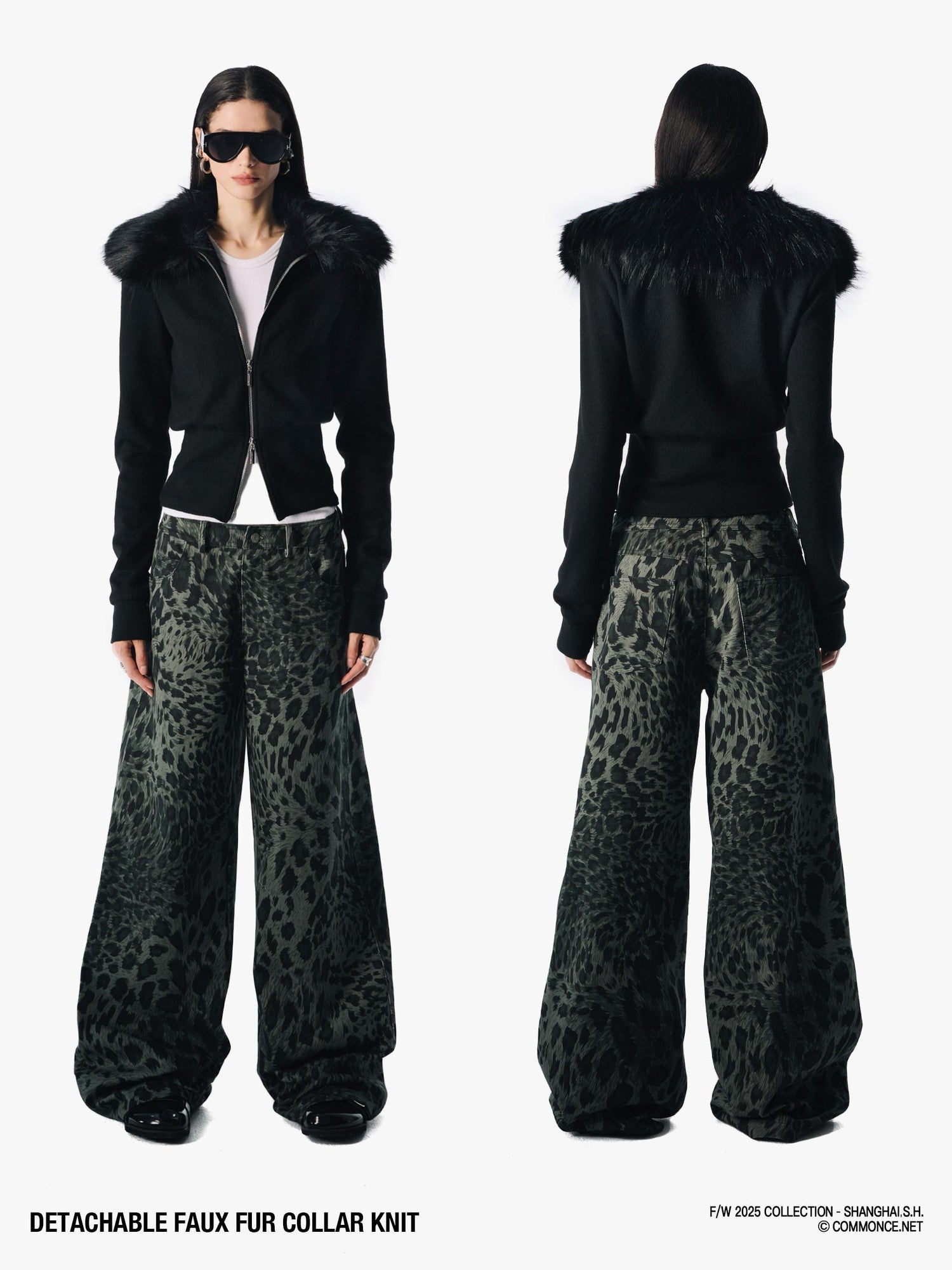 commonce net Coffee Detachable Fur Collar Diagonal Zipper Short Women&