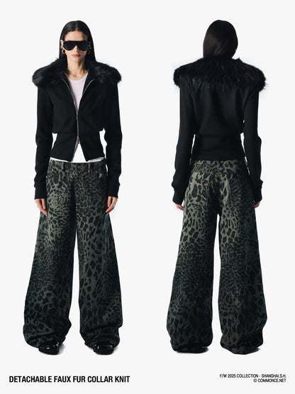 commonce net Coffee Detachable Fur Collar Diagonal Zipper Short Women&