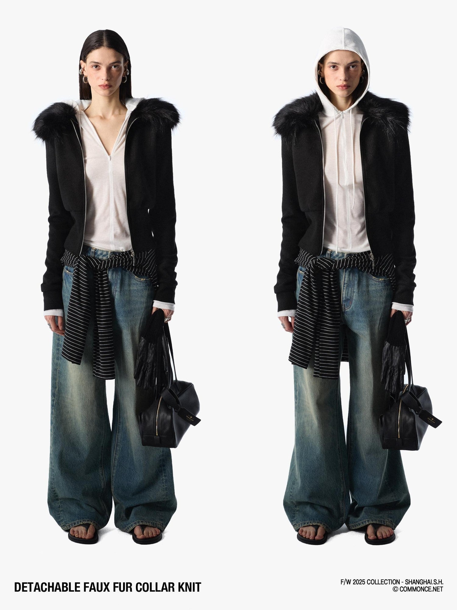 commonce net Coffee Detachable Fur Collar Diagonal Zipper Short Women&
