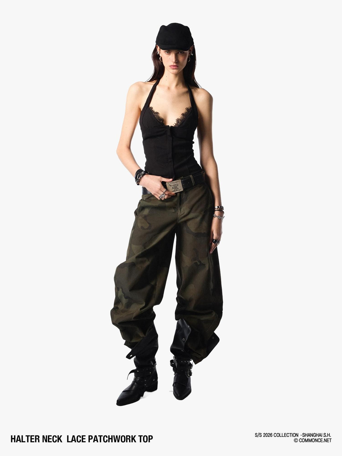 commonce net Cropped Lace Splice Cinch Waist V-neck Tie Faux Two Piece Women&
