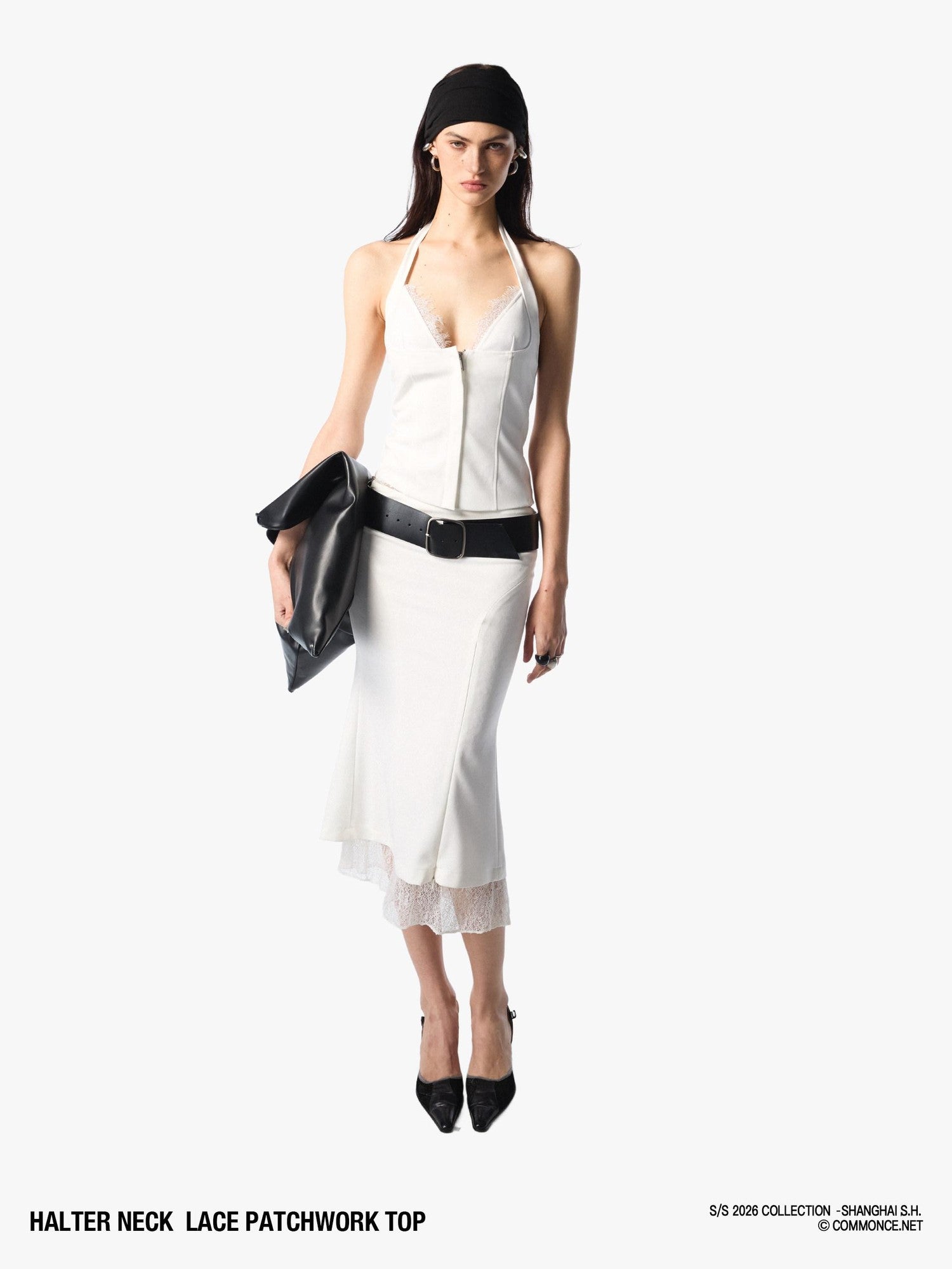 commonce net Cropped Lace Splice Cinch Waist V-neck Tie Faux Two Piece Women&