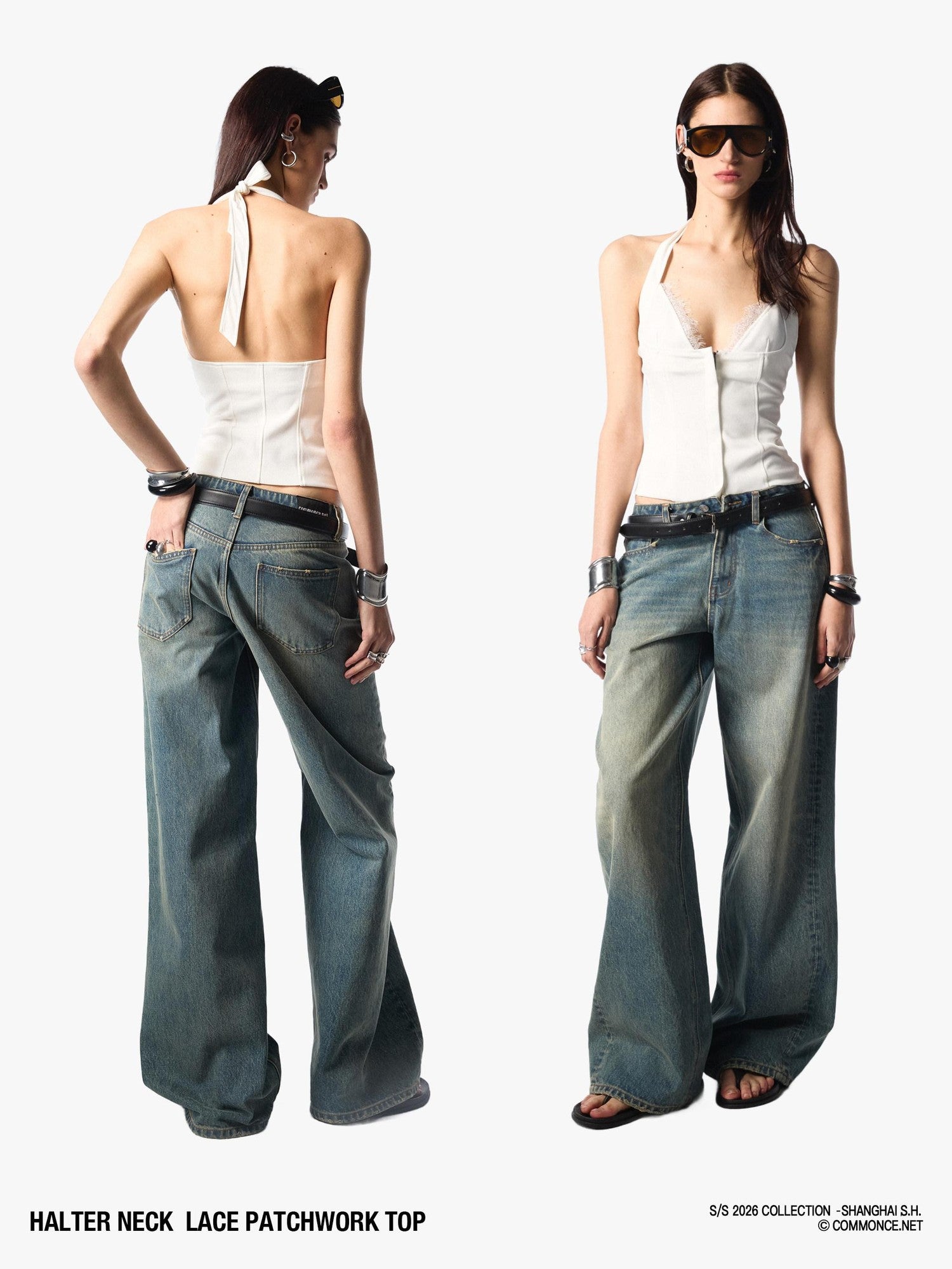 commonce net Cropped Lace Splice Cinch Waist V-neck Tie Faux Two Piece Women&