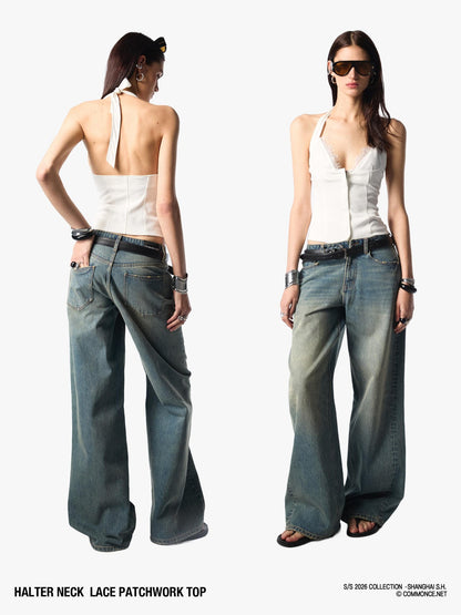 commonce net Cropped Lace Splice Cinch Waist V-neck Tie Faux Two Piece Women&