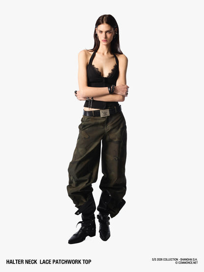 commonce net Cropped Lace Splice Cinch Waist V-neck Tie Faux Two Piece Women&