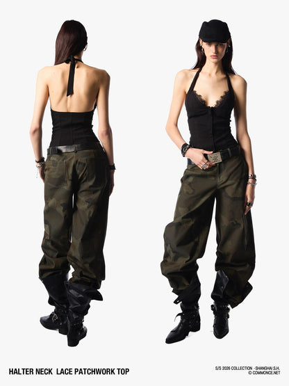 commonce net Cropped Lace Splice Cinch Waist V-neck Tie Faux Two Piece Women&